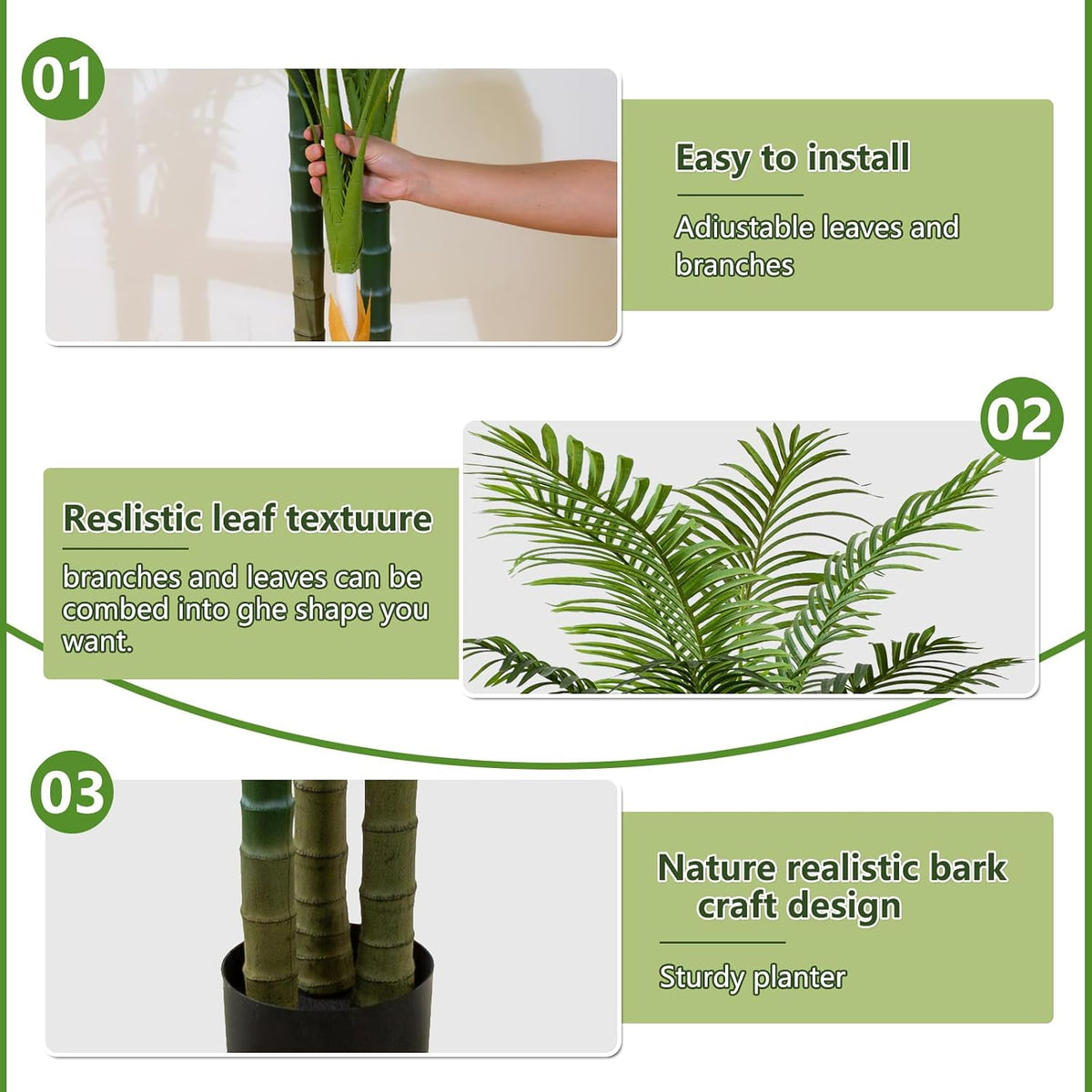 6FT Tall Golden Cane Artificial Palm Tree, Large Faux Palm Tree with 3 Textured Trunks, Outdoor Artificial Plants, Fake Tree for Indoor Office Living Room Outside Patio.
