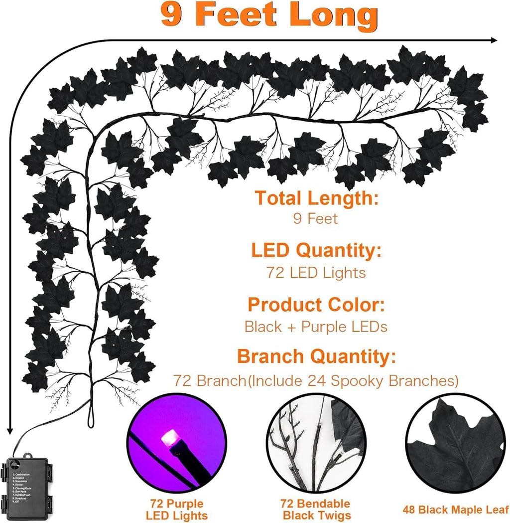 9 FT 72 LED Willow Vine Twig Decor Black Halloween Garland with Purple Lights, 8 Modes & Timer Waterproof Battery Operated for Home Fireplace Mantle Wall Office Indoor Halloween Decorations Party