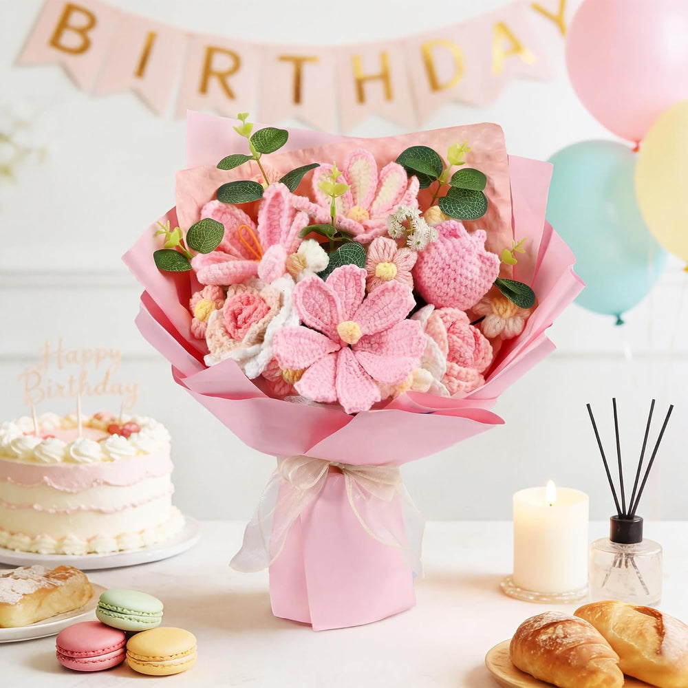 18Pcs Handmade Crochet Flower Bouquet Knitted Yarn Flowers with Bag & Car...