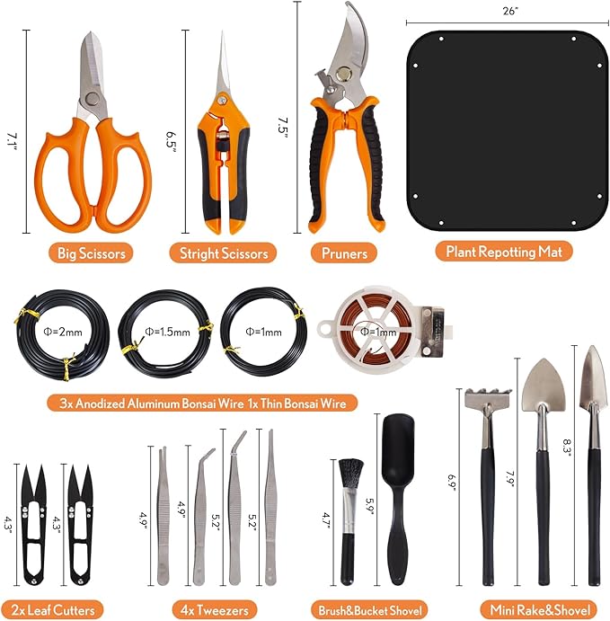 Bonsai Tools Kit 20 Pcs Garden Tools Set for Beginner, Includes Bonsai Wire Kit, Plant Mat, Pruning Shears, Bonsai Scissors, Succulent Tools in Leather Storage Bag, Gardening Gift for Women Men