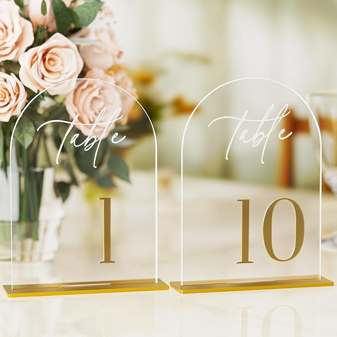 Arch Wedding Table Numbers 1-10 with Stands, Elegant Gold Number 5.5 x 7” Arch Acrylic Signs with Holders, Clear Acrylic Table Numbers for Wedding Reception, Anniversary, Party, Events