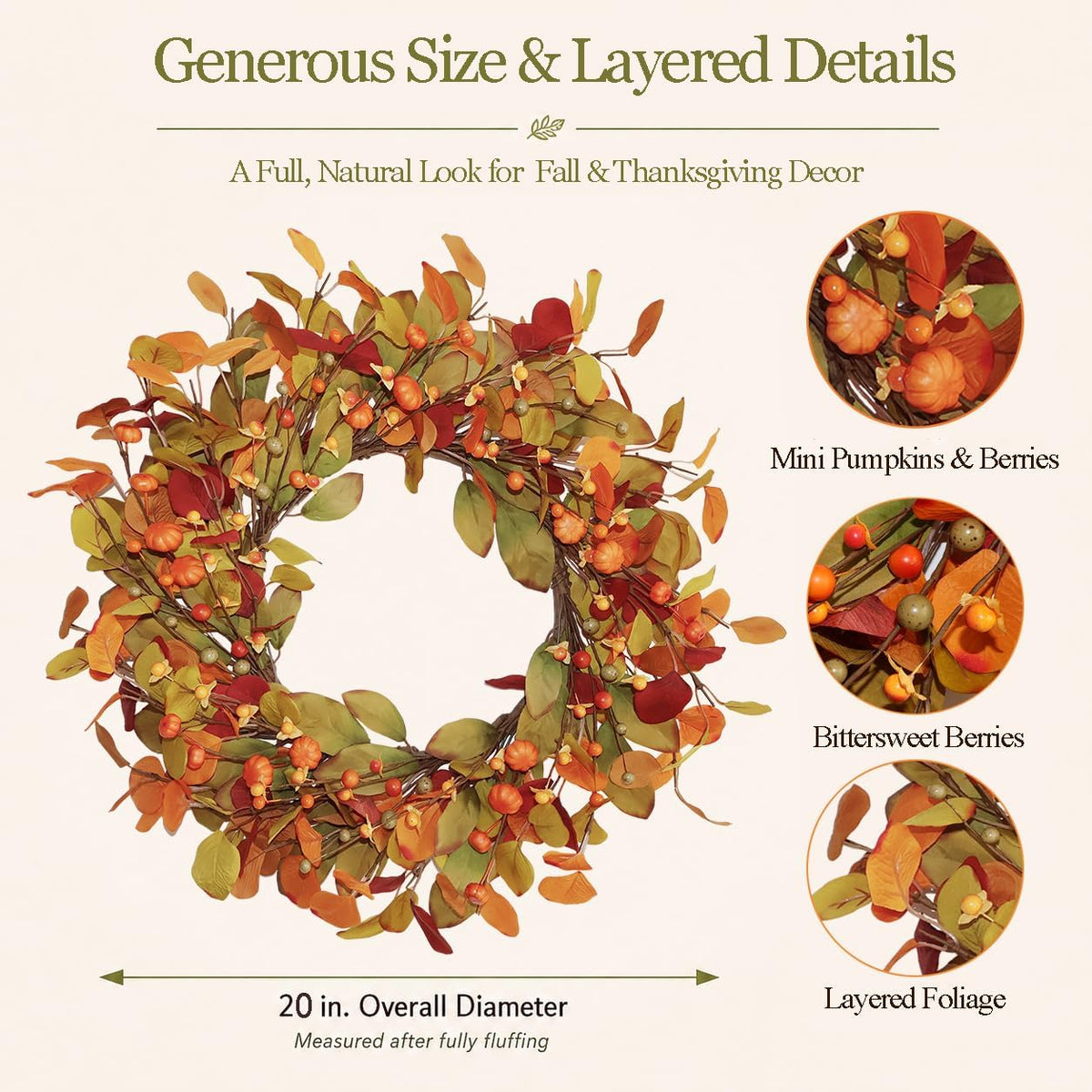 18-20 inch eucalyptus and magnolia fall wreath with shown in use
