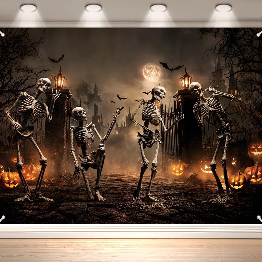 10x8FT Halloween Decoration Backdrop-Dancing Skeletons and Glowing Pumpkins