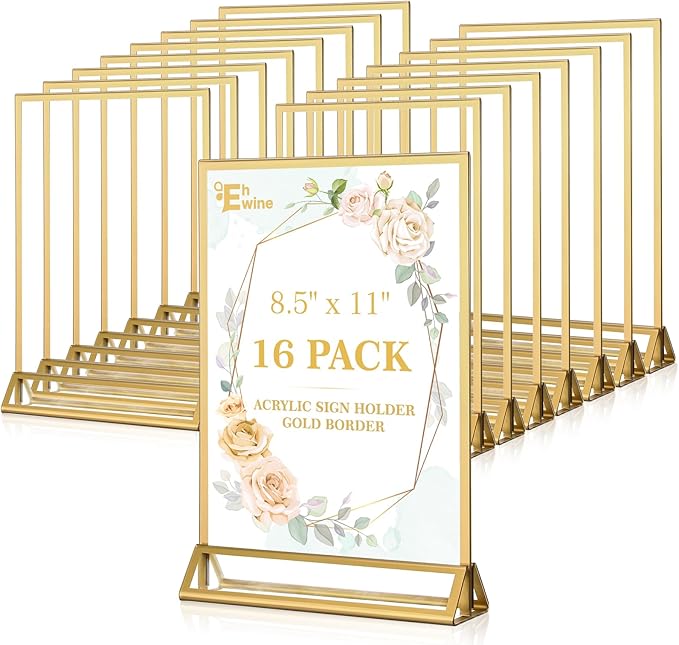 EHWINE 16 Pack Acrylic Sign Holder 8.5 x 11, Double Sided Gold Picture Frame Stand up Table Top Sign Holders, Clear Display Stand Menu Flyer Holder for Wedding Party (Provide Non-slip Mats)