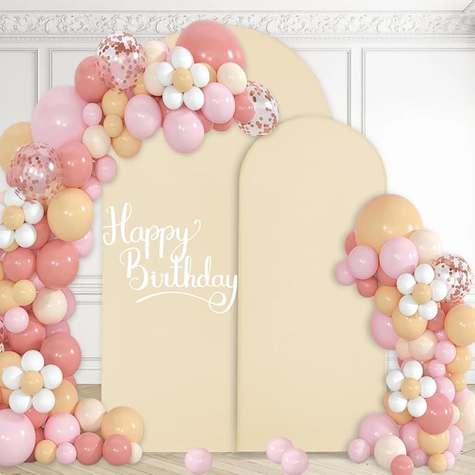 WEERRW Beige Arch Backdrop Cover Set of 2 Spandex Fitted Round Top Chiara Backdrop Stand Stretchy Wedding Covering for Event Birthday Party Banquet Decoration (6FT, 7.2FT)