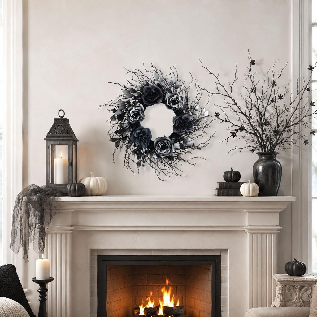 22 inch black and silver halloween wreath with, package contents