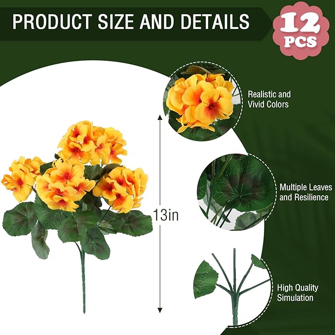Hananona Artificial Geranium Flowers for Outdoors Geranium Silk Flowers Outdoor UV Resistant Garden Plants Faux Flowers for Home Kitchen Table Centerpieces Decor (12, Yellow) (12 Pcs)