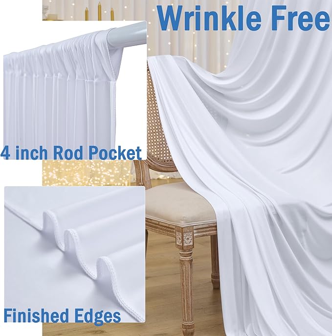 30ftx10ft Wrinkle Free White Backdrop Curtains for Party Background, 6 Panels 5x10ft Silky Polyester Photo Backdrop Drapes Back Drop Cloth for Wedding Birthday Photography Baby Shower Decor