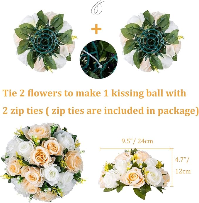 Flower Balls Wedding Rose Centerpieces: 10 Pcs Fake Flowers with Base Kissing Balls Decor Champagne &White Artificial Floral Arrangements Flower Bouquet of Roses Home Party Table DIY Decorationss
