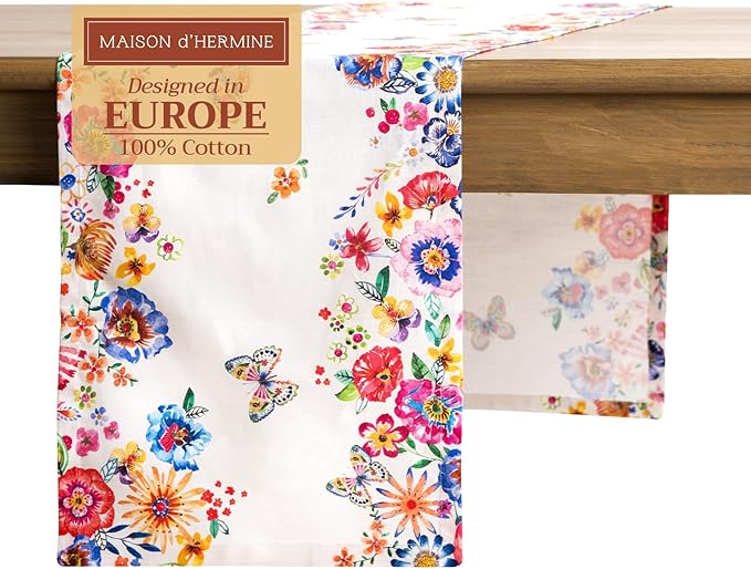 Maison d' Hermine Table Runner 100% Cotton Single Layer Table Runners 72 inches Long Decorative for Home Dining Party Wedding Bridal Shower Spring Summer (Happy Florals - High Summer, 14.50" x 72")