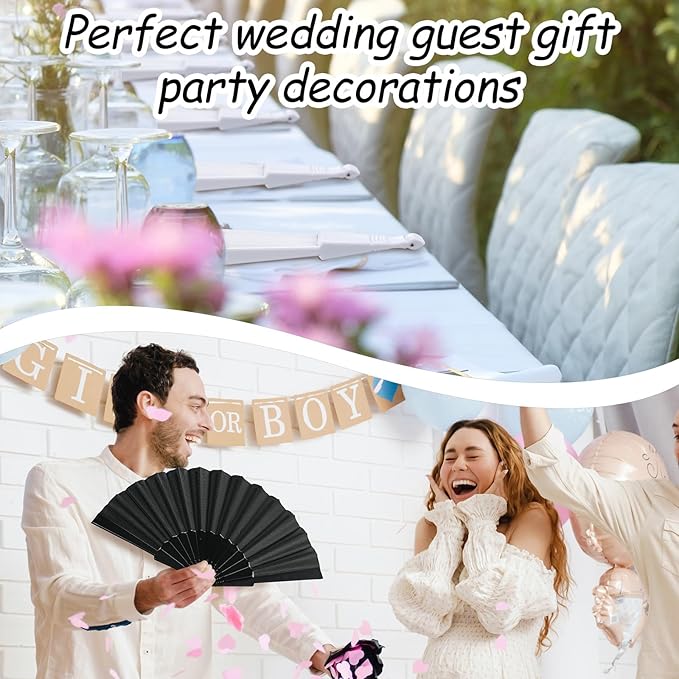 Wenqik 80 Pcs Wedding Folding Hand Fans Bulk Silk Fabric Chinese Handheld Foldable Clack Fans with Plastic Ribs for Party, Wedding Gifts, Line Dancing, Home Decorative (Black,White)