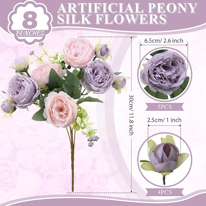 8 Bundles Artificial Peonies Flowers Boho Faux Flowers Arrangements Artificial Centerpiece Spring Bouquet Floral Wedding Decoration for Vase(Pink, Purple)