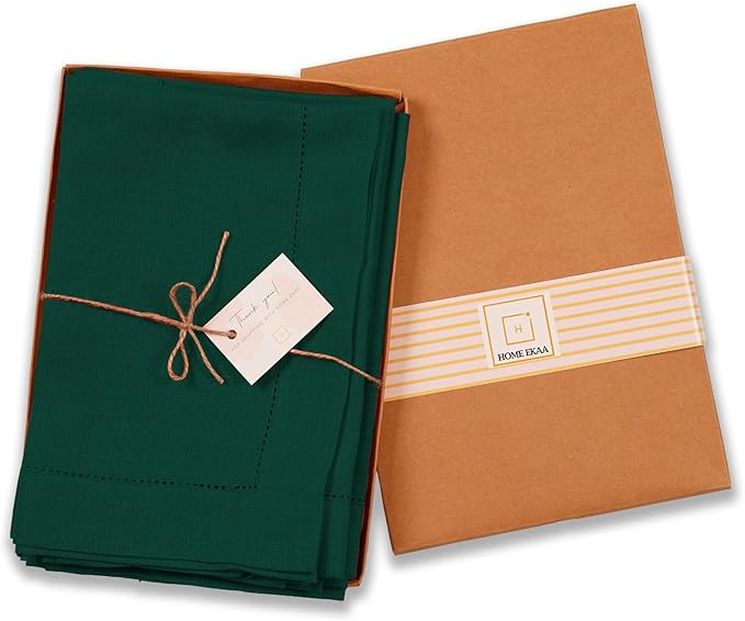 100% Pure Linen Green Napkins 20 x 20 Inch - Hemstitch Christmas Dinner Napkins Set of 4 - Cloth Fabric Napkins for Thanksgiving, Winter, New Year - Elara