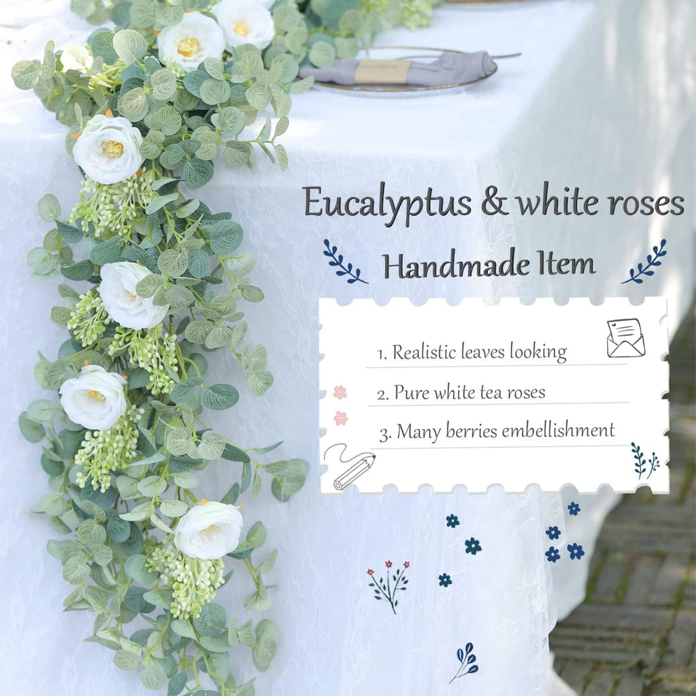 6.56ft Eucalyptus Garland with Flowers-8 White Roses, Artificial Fake Flowers...