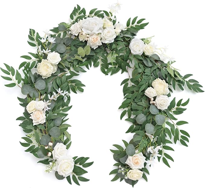 Ling's Moment Flower Garland - 6FT Eucalyptus & Rose - Sweetheart Table Decor for Wedding Reception, Artificial Floral Garland for Mantle, Spring Garden Ceremony, Christmas Decoration, Ivory White