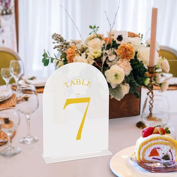 JOYIT Frosted Arch Wedding Table Numbers 1-20 with Stands – 5" X 7" Acrylic Gold Table Number Holders, Perfect for Wedding Receptions, Parties, Anniversaries, and Events