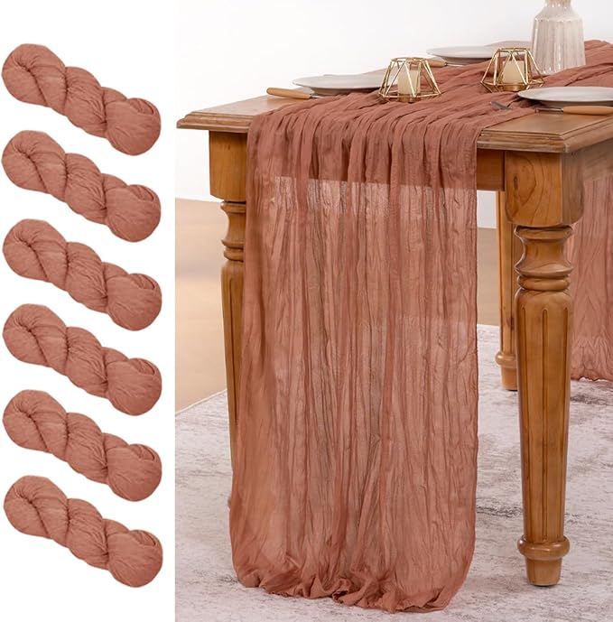 MLMW 6 Pack Dusty Rose Table Runner Cheesecloth Boho Gauze Rustic Cheese Cloth Table Runner 160 inch Sheer 13.3ft for Wedding Party Baby Bridal Shower Birthday