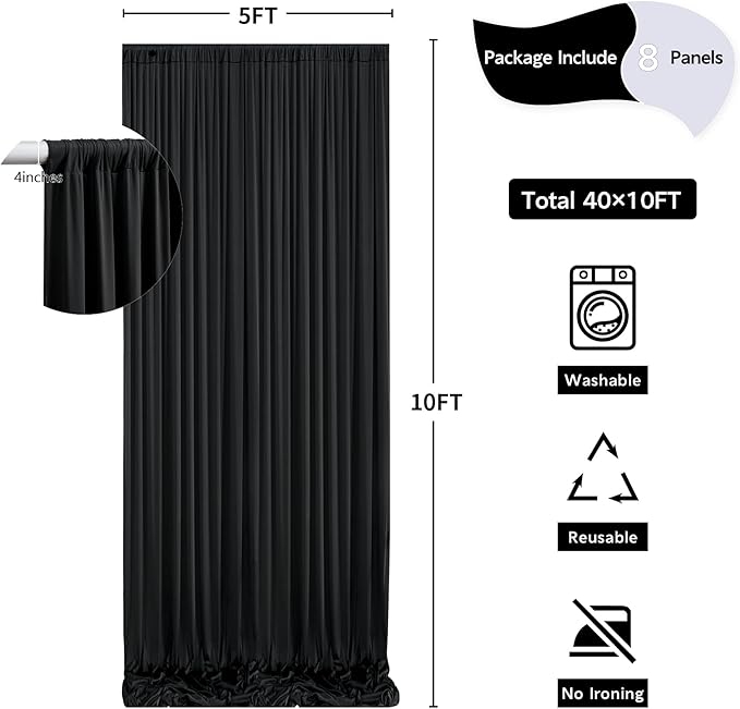 40 ft x 10 ft Wrinkle Free Black Backdrop Curtain for Parties, 8 Panels 10ft Polyester Black Photo Backdrop Drapes for Graduation Birthday Wedding Party Stage Curtains, Thick Bulk Background Curtains