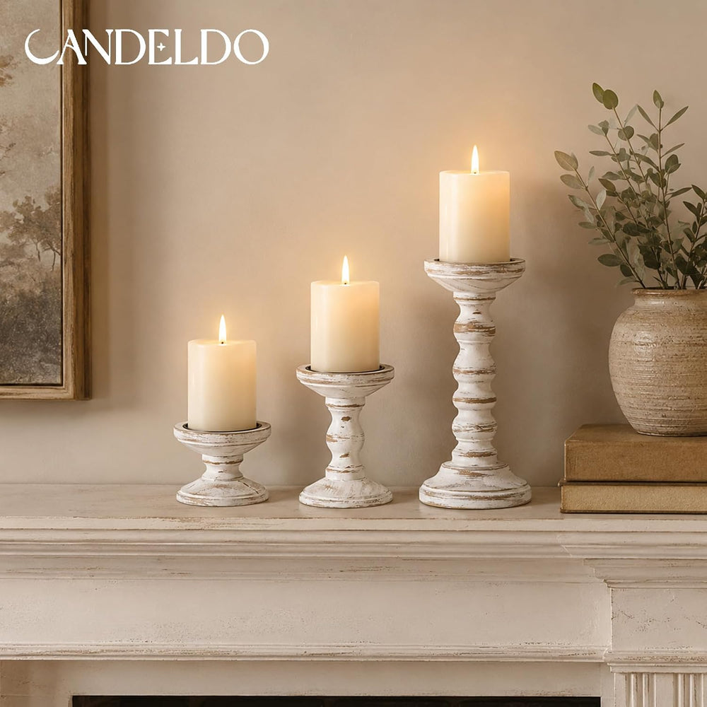 Wood Candle Holder for Pillar, White Farmhouse Fireplace Decor