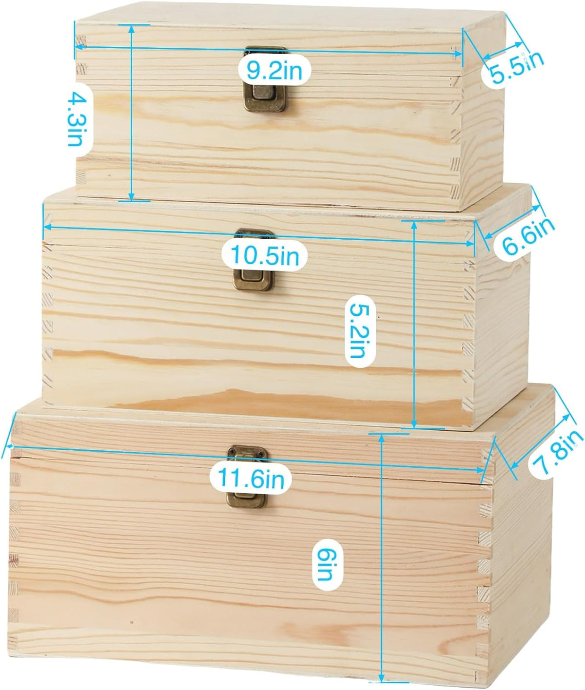 3 pieces wooden box 11.6x7.8x6-10.5x6.6x5.2-9.2x5.5x4.3 inch with hinged shown in use