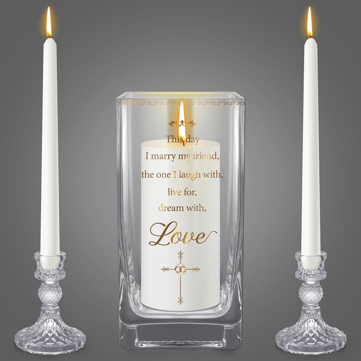 FoldTier Unity Candles with Holder for Wedding Ceremony Set 1 6" Pillar 2 9.8'' Taper Candles 3 Candlestick for Religious Formal Events Church(Cross) (3 Pcs)