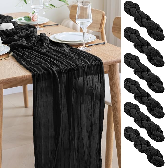 Asee'm 6pcs Cheesecloth Table Runner 120 Inches Long Black Boho Gauze Cheese Cloth Runner 10FT Rustic Sheer Table Runners for Christmas Wedding Party Baby Shower Spring Easter Decoration