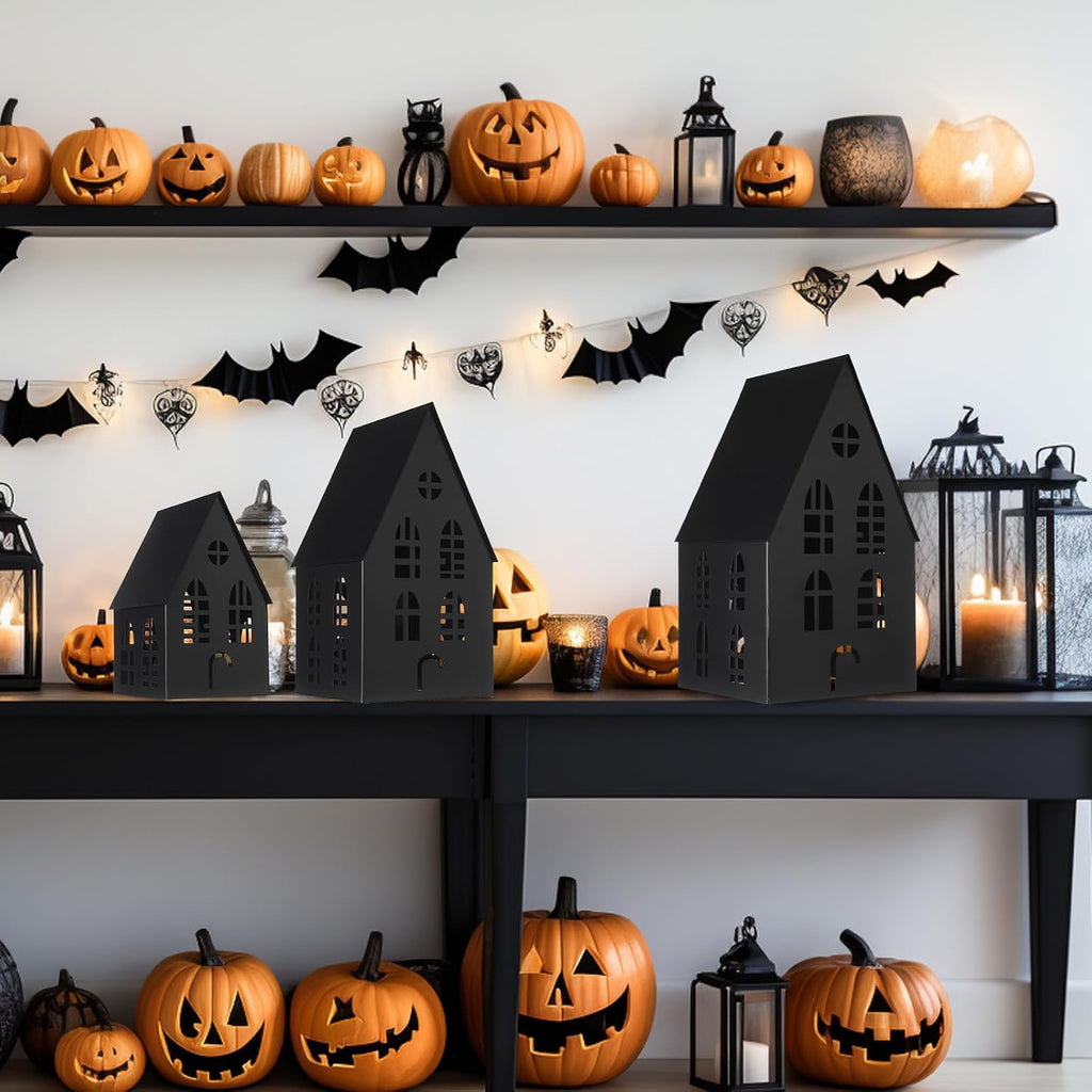 beeveer 3 pack metal halloween haunted houses black showing dimensions