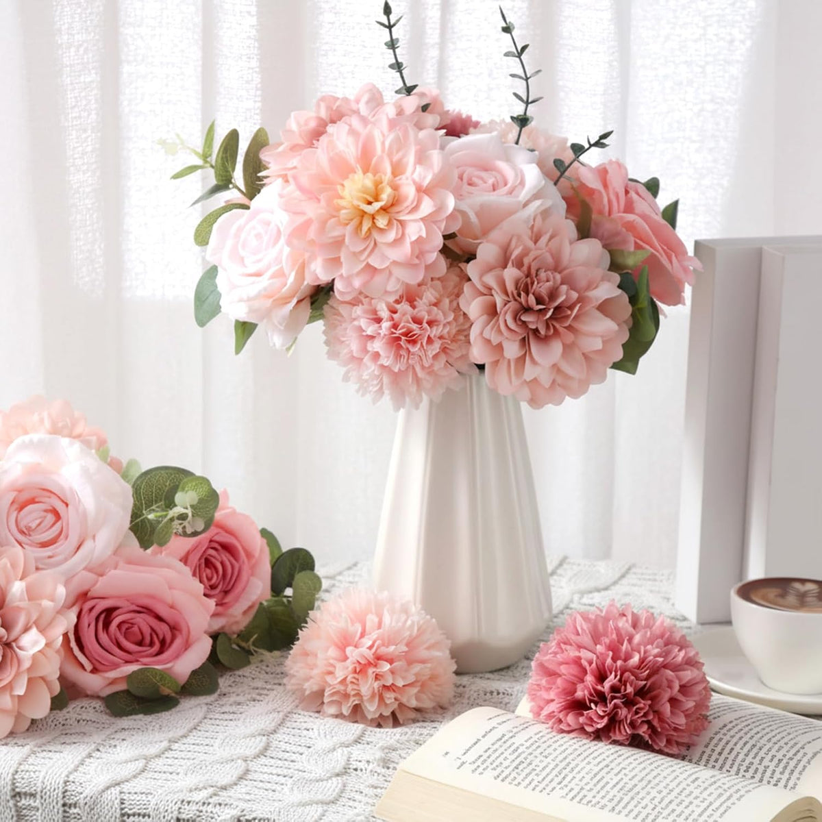 Suncalla 98pcs Artificial Flowers with Stems, Pink Color