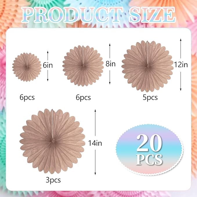 20 Pcs Brown Hanging Paper Fan, Round Paper Fans Decorations Set for Weddings, Birthdays, Engagement, Bridal Shower, Baby Shower Event, Graduation, Party Supplies Decor