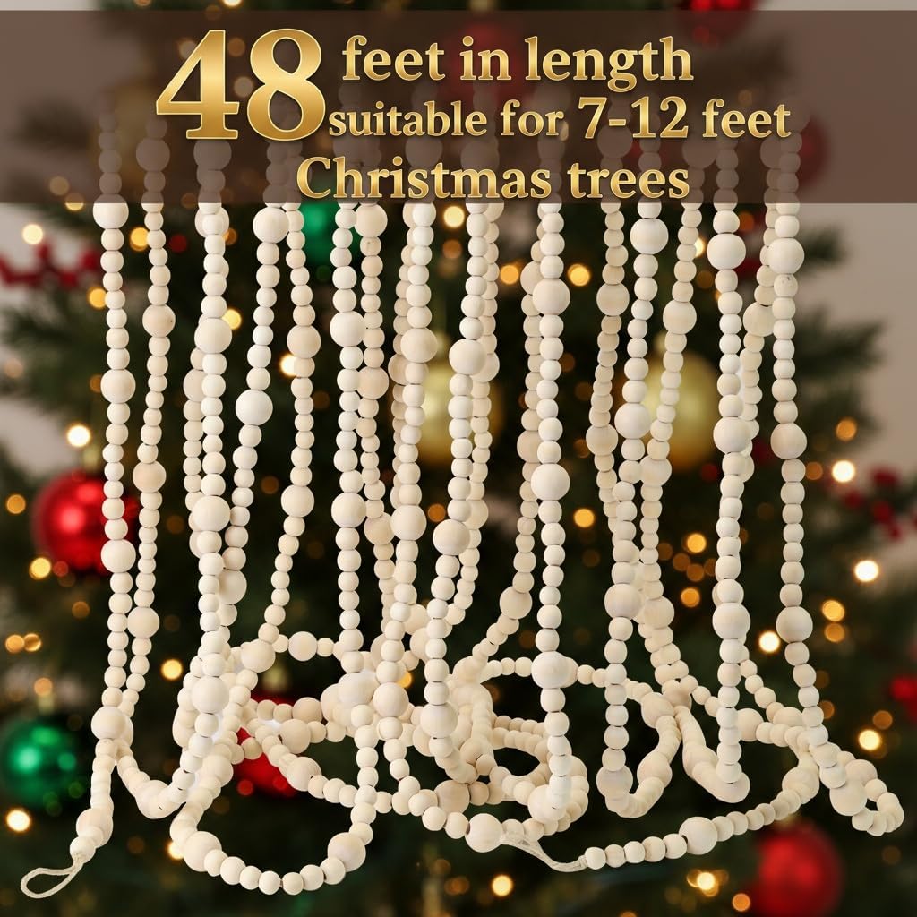 48ft christmas wood bead garland rustic holiday decor, close-up detail