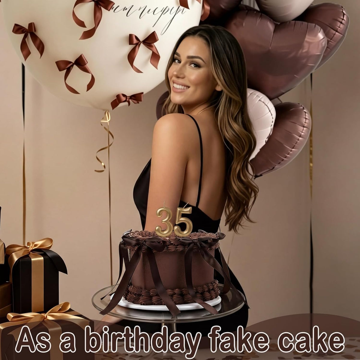 Remerry 6 Inch Chocolate Heart Fake Cake Bow Birthday Fake Cake Decor