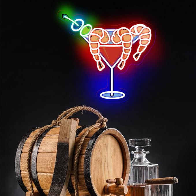 Shrimp Martini Wine Neon Sign, Martini LED Light, Home Party Wall Art, Cocktail Pub Bar Decoration, Gift for Cocktail Lover, 13"x13.8"