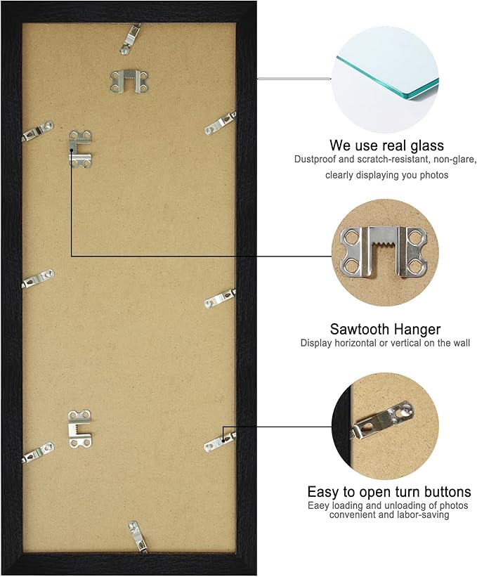 8x20 Picture Frame Set of 2, Rustic Black Wood Frame with Tempered Glass Collage Frame, Display Pictures Four 4x6 With Mat or 8 x 20 Without Mat - Horizontal or Vertical Wall Mounting