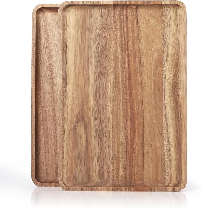 2 PCS Solid Acacia Wood Serving Trays 13 * 9 inch Rectangular Wooden Serving Platters Natural Wooden Boards for Bar Coffee Party（Wood Log Color）