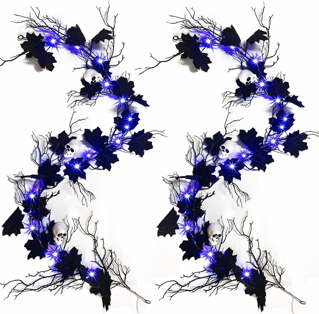 Halloween Black Garland with Timer 2 Pack 6 Feet Dead Branch Garland Lights with Maple Leaves and Skull Battery Operated Black Branch Garlands for Fall Halloween Mantle Wall Home Christmas Decoration