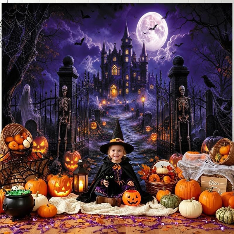 Halloween Backdrop 10x8ft Spooky Castle Moon Night Backdrop for Photography