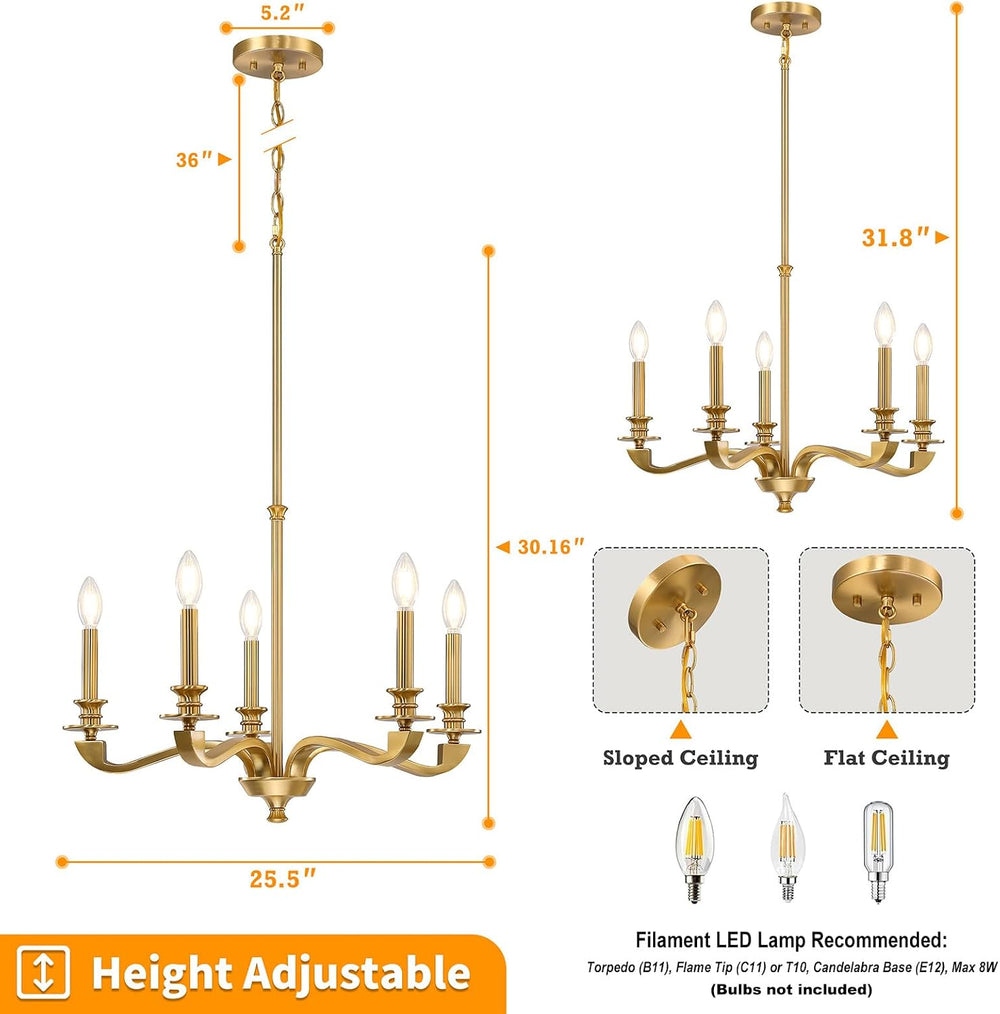 Gold Chandeliers for Dining Room, 25.5 Inch Vintage Gold Chandelier Light Fix...