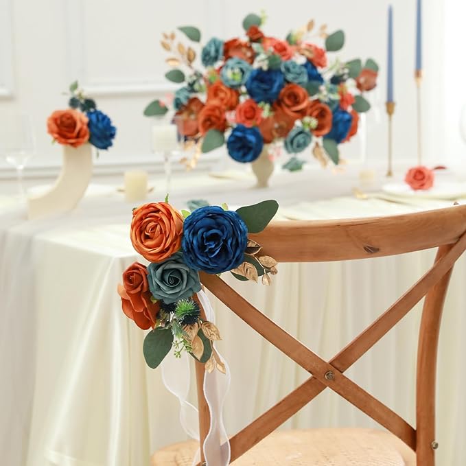 Artificial Flowers Combo for DIY Wedding Bouquets Combo Centerpieces Arrangements Party Bridal Baby Shower Home Decorations-Teal&Terracotta