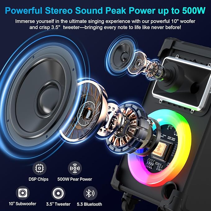 JYX Karaoke Machine with 2 Wireless Mics, 10" Woofer 500W Peak Power Big Portable Bluetooth Speaker with Bass/Treble Adjustment, PA System with Remote Control, LED Lights, Rolling Wheels and Trolley