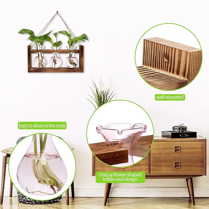 Plant Propagation Station Plant Terrarium Unique Birthday Gifts for Women Home Office Decor Planter with Wooden Stand - 3 Bulb Glass Vase