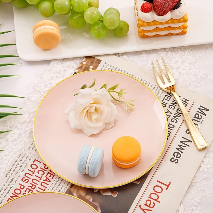 Festiva 200Pcs Pink Gold Cake Plates 6.3" with Forks 5"- Disposable Salad Plates-Pink Dessert Plates-Appetizer Plastic Plates - include 100Plates 100Forks for Party&Wedding&Easter&Mother's Day