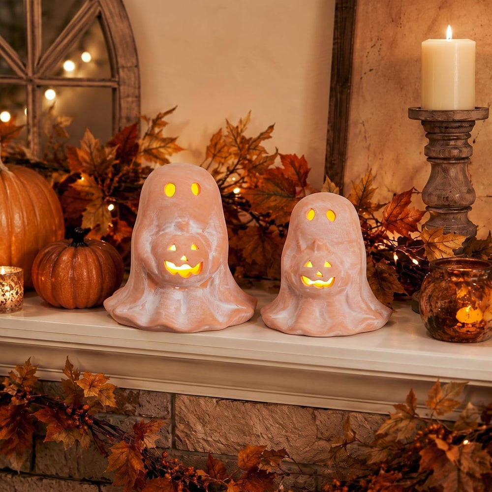 Tioncy 2 Pcs Halloween Terracotta Ghost Tealight Holder, Terracotta, Retro