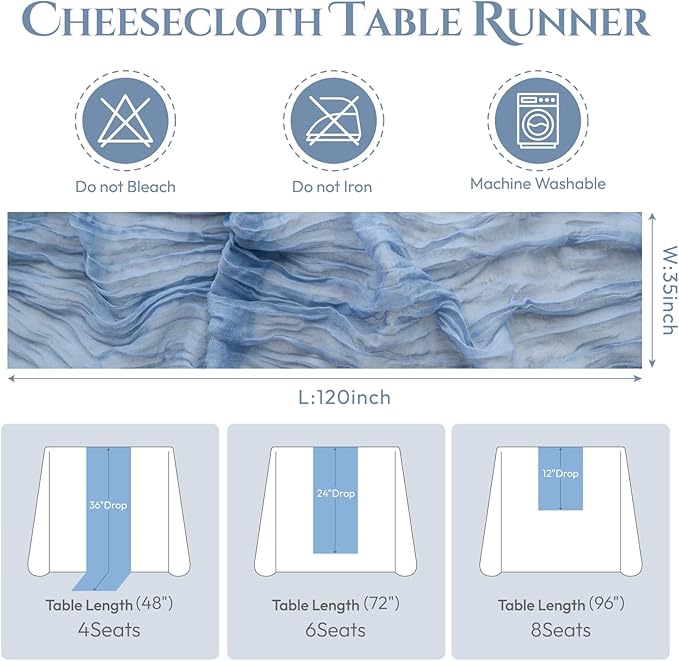 Sioloc 10 Pack Dusty Blue Cheesecloth Table Runner Fall Autumn Decor for Home 10ft Table Cloth for Tea Wedding Birthday Party Baby Bridal Shower Halloween Thanksgiving