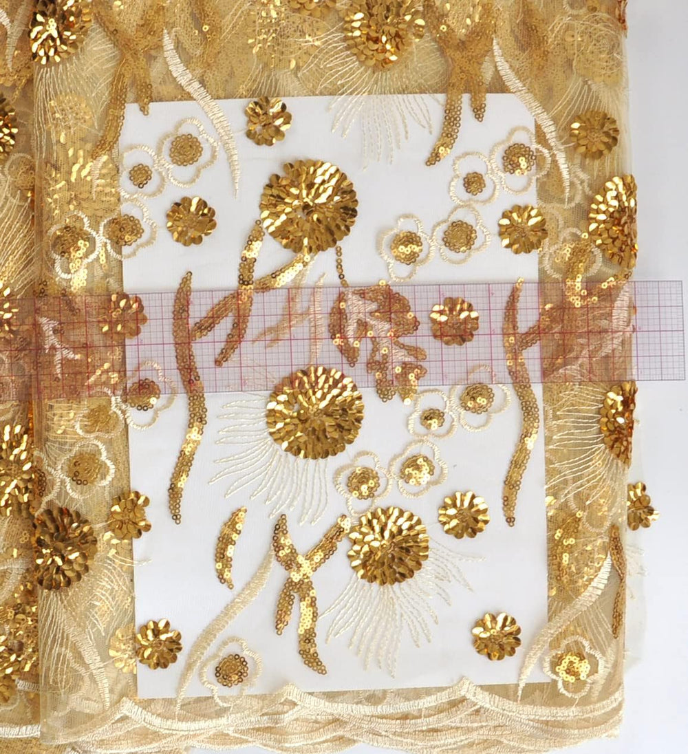 African Lace Fabric 5 Yards Sequins Embroidery for Party Dress (Gold)