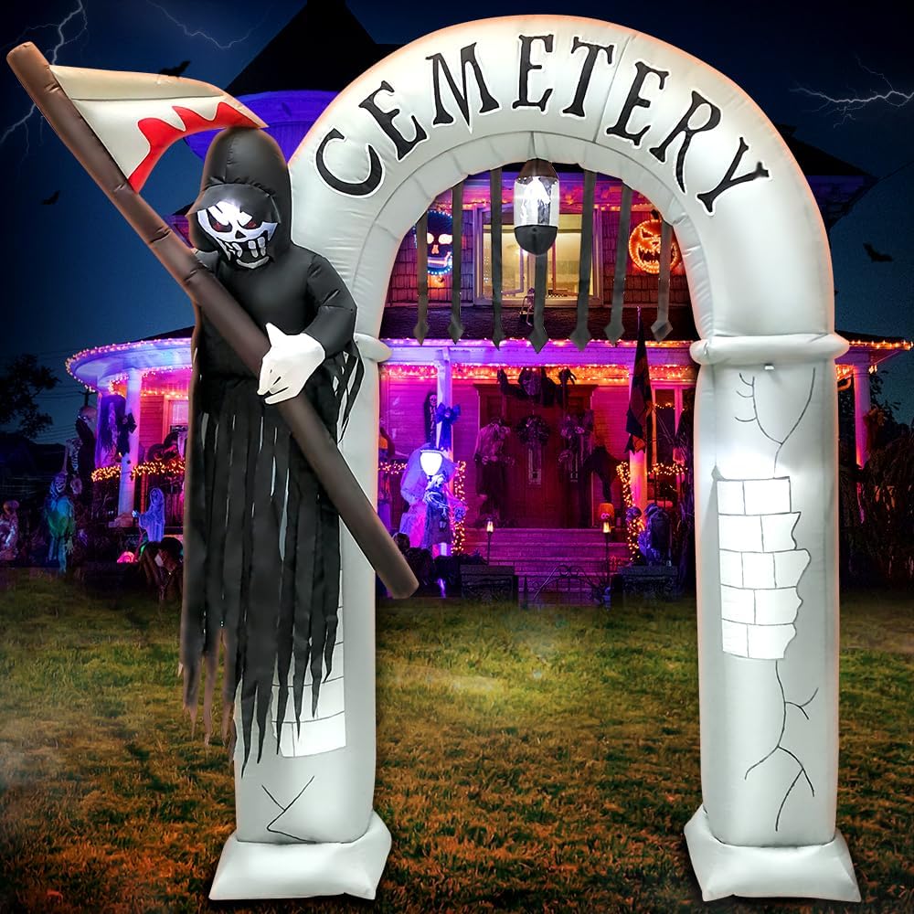 8FT Halloween Inflatables Archway Decoration with Led Light Spooky Scary Halloween Inflatables Grim Reaper Outdoor Decorations Blow up Inflatables for Halloween Holiday Party Lawn Yard Garden Décor