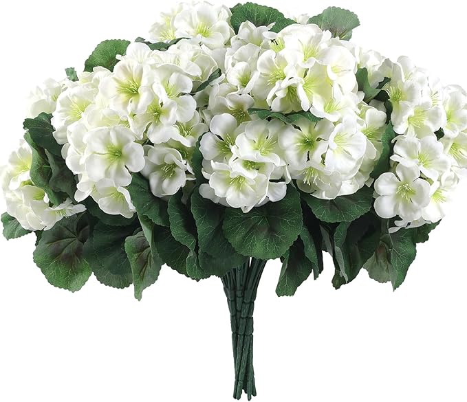 Hananona Artificial Geranium Flowers for Outdoors Geranium Silk Flowers Outdoor UV Resistant Garden Plants Faux Flowers for Home Kitchen Table Centerpieces Decor (12, White) (12 Pcs)
