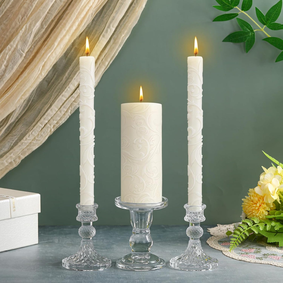Irenare Unity Candles with Holder for Wedding Ceremony Wedding Decortions Accessories Glass Candle Holder Pillar Candle for Formal Events Church (Delicate)