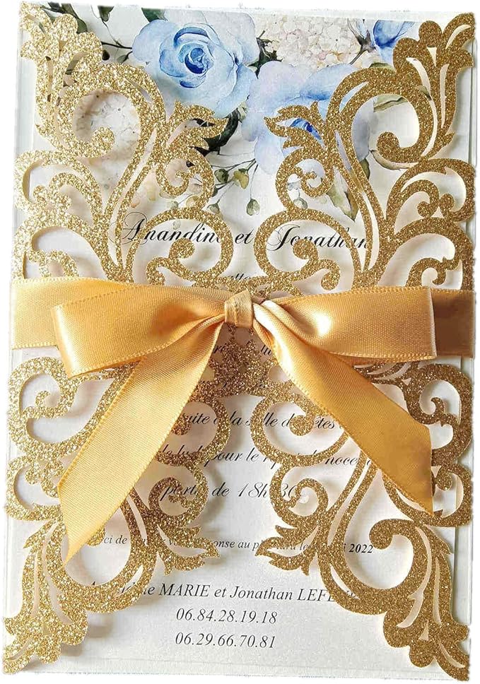 25PCS Gold Glitter Laser Cut Wedding Invitations Cards with Envelopes,Blank Inner Sheets,Ribbons for Wedding Bridal Shower Quinceañera Engagement Birthday Invites