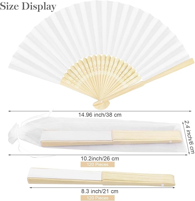 MCEAST 120 Pieces Wedding Handheld Paper Fans White Bamboo Folding Paper Fan with 120 Organza Bags Foldable Cool Wedding Favors Wedding Fans for Guests Party Favors DIY Decoration