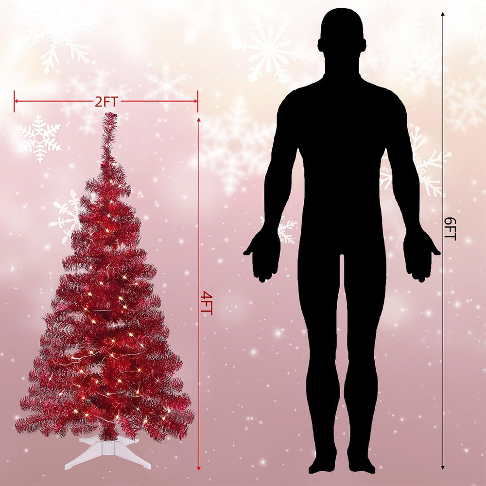 Juegoal 4 FT Pre-lit Artificial Christmas Tree, Lighted Red Tinsel Pine Spruc...